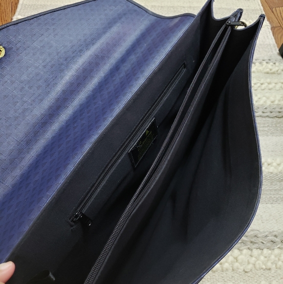 VINTAGE LIZ CLAIBORNE Blue Leather Trim Turnlock Briefcase Messenger Bag - Picture 6 of 16